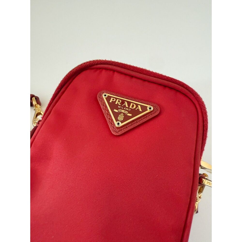 Prada Tessuto Double Zip Phone Case Crossbody Bag Red Nylon Mini Bag Authentic - Picture 6 of 8